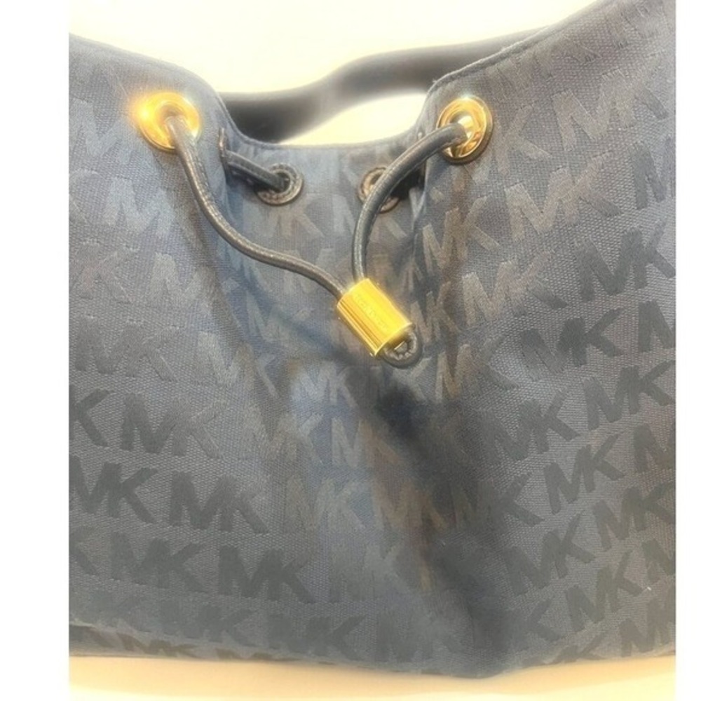 Michael Kors MK Drawstring Shoulder Tote Bag Purse Large Jacquard Canvas Leather